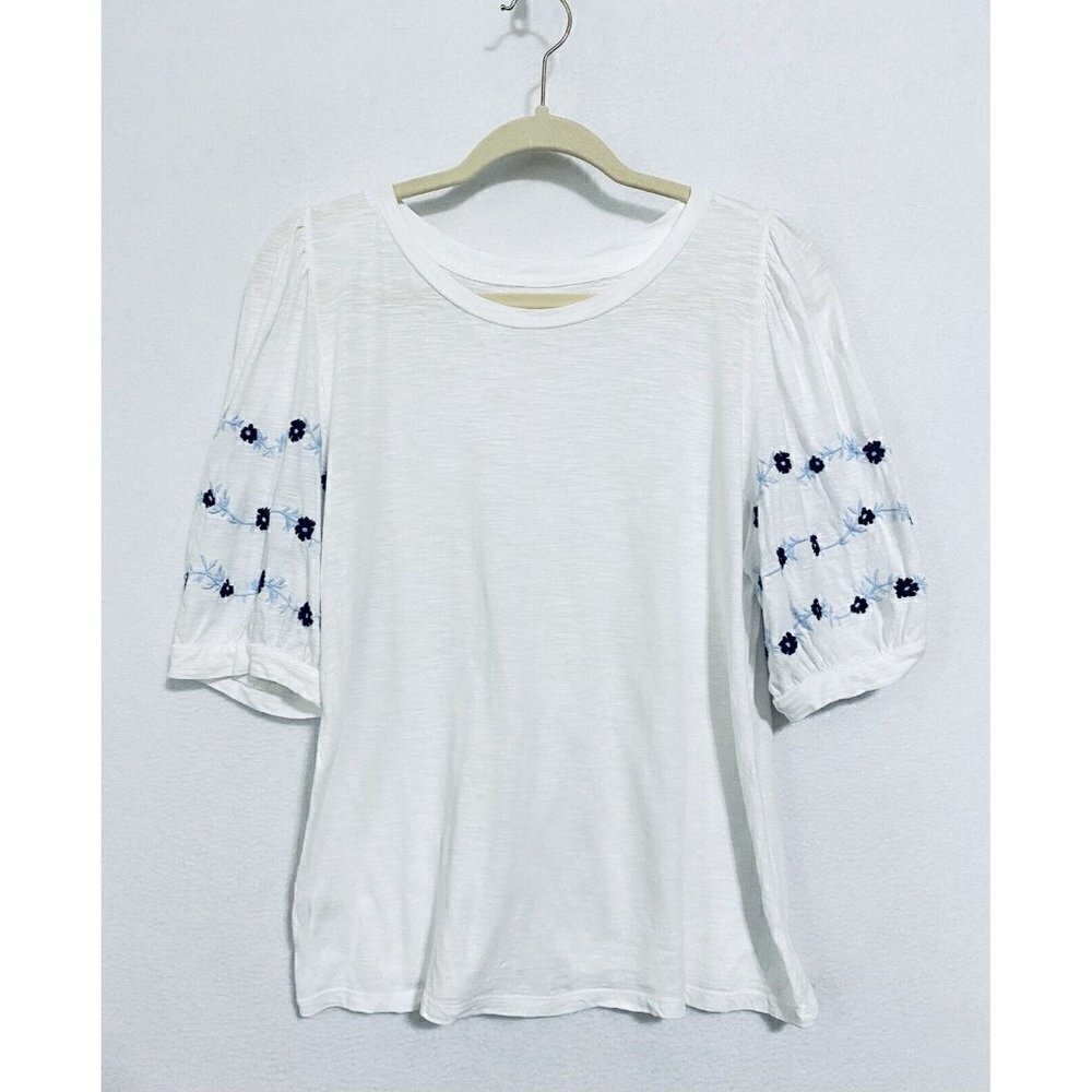 LOFT Top Womens Large Embroidered Puff Sleeve Scoop Neck White Stretch Boho